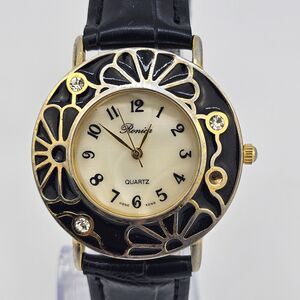 VTG Ronica Women's Watch Flower Bezel 35MM New Black‎ Leather Bands New Battery